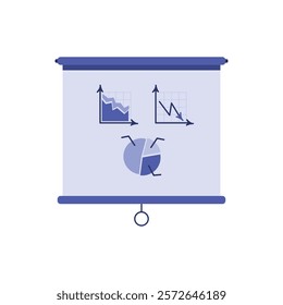 Projection screen, presentation board with diagrams and graphs. A horizontal banner on a roll. An empty conference board. Vector illustration.