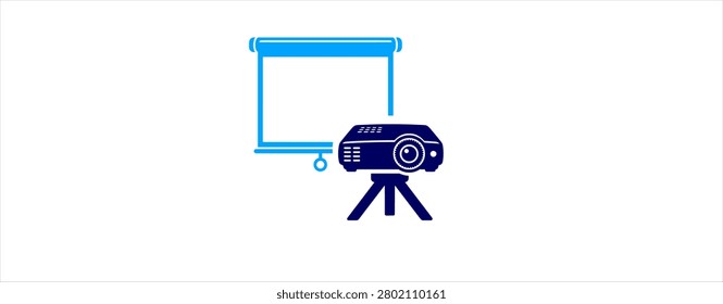 Projection screen presentation icon design. projector equipment, display technology, tripod stand, classroom setup, meeting presentation, visual communication, education tools.