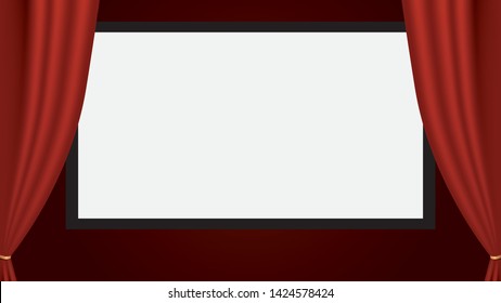 Projection screen with red curtain. Vector illustration.