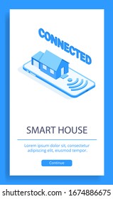 The projection of a smart home and wifi icons on the screen of a blue smartphone. Poster with a vector isometric illustration of a smart house.