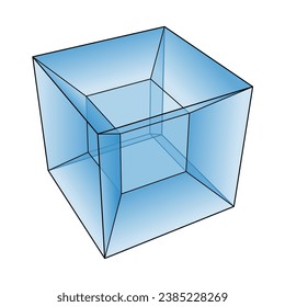 Projektion eines Tesserakts, eines vierdimensionalen Hyperwürfels. Auch 8-Zell-, C8-, Octachoron-, Octahedroid-, Kubikrismus- und Tetrawürfel genannt. Vierdimensionales Analogon des Würfels in der Geometrie. Illustration.