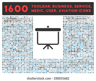 Projection vector icon and 1600 other business, service tools, medical care, software toolbar, web interface pictograms. Style is bicolor flat symbols, blue and gray colors, rounded angles, white