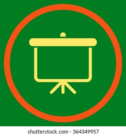 Projection vector icon. Style is bicolor flat circled symbol, orange and yellow colors, rounded angles, green background.