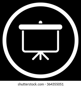 Projection vector icon. Style is flat circled symbol, white color, rounded angles, black background.