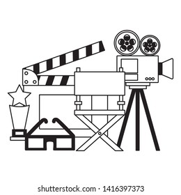projector chair clapboard award 3d glasses cinema movie vector illustration 