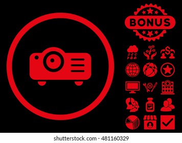 Projector icon with bonus. Vector illustration style is flat iconic symbols, red color, black background.