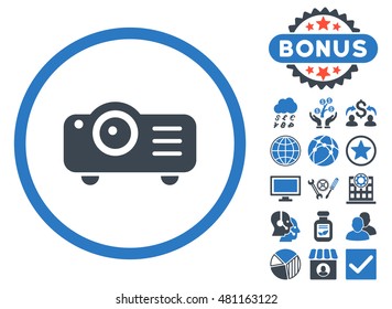 Projector icon with bonus. Vector illustration style is flat iconic bicolor symbols, smooth blue colors, white background.