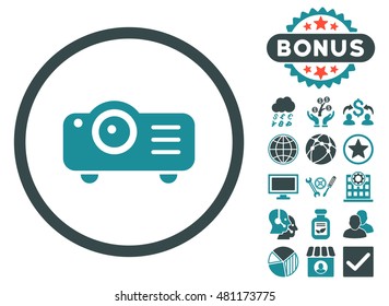 Projector icon with bonus. Vector illustration style is flat iconic bicolor symbols, soft blue colors, white background.
