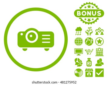 Projector icon with bonus. Vector illustration style is flat iconic symbols, eco green color, white background.