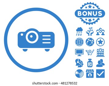Projector icon with bonus. Vector illustration style is flat iconic symbols, cobalt color, white background.
