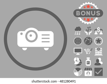 Projector icon with bonus. Vector illustration style is flat iconic bicolor symbols, dark gray and white colors, silver background.