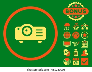 Projector icon with bonus. Vector illustration style is flat iconic bicolor symbols, orange and yellow colors, green background.