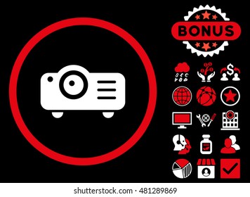 Projector icon with bonus. Vector illustration style is flat iconic bicolor symbols, red and white colors, black background.