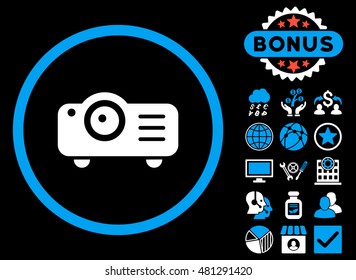 Projector icon with bonus. Vector illustration style is flat iconic bicolor symbols, blue and white colors, black background.