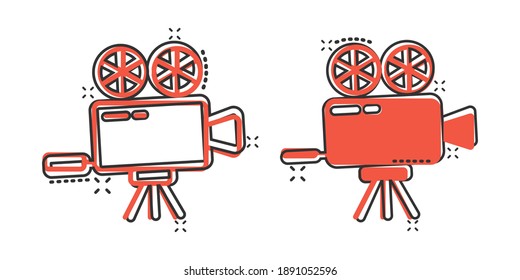 Projector icon in comic style. Cinema camera cartoon vector illustration on white isolated background. Movie splash effect business concept.