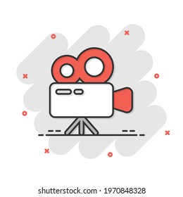Projector icon in comic style. Cinema camera cartoon vector illustration on white isolated background. Movie splash effect business concept.