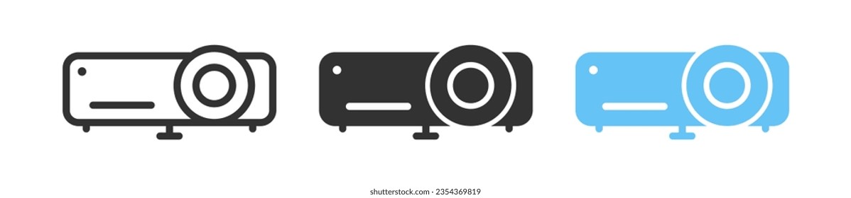 Projector icon. Digital video show signs. Presentation for meeting symbol. Conference multimedia symbols. Beam for cinema icons. Black, blue color. Vector isolated sign.