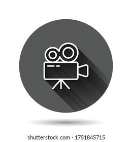 Projector icon in flat style. Cinema camera vector illustration on black round background with long shadow effect. Movie circle button business concept.