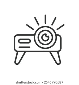 Projector, icon in line design. Projector, presentation, display, cinema, screen, technology, video on white background vector. Projector editable stroke icon