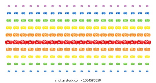 Projector icon rainbow colored halftone pattern. Vector pictograms arranged into halftone matrix with vertical spectrum gradient. Designed for backgrounds, covers, templates and abstract compositions.