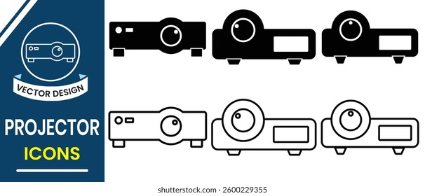 Projector icon vector set design. Silhouette of projector symbol. Projector icon for video, cinema, presentation, movie. Vector illustration.