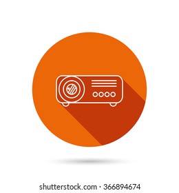 Projector icon. Video presentation device sign. Business office conference tool symbol. Round orange web button with shadow.
