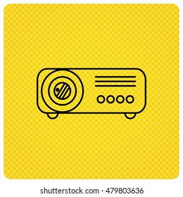 Projector icon. Video presentation device sign. Business office conference tool symbol. Linear icon on orange background. Vector