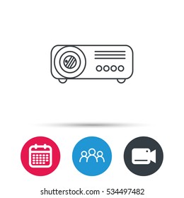 Projector icon. Video presentation device sign. Business office conference tool symbol. Group of people, video cam and calendar icons. Vector