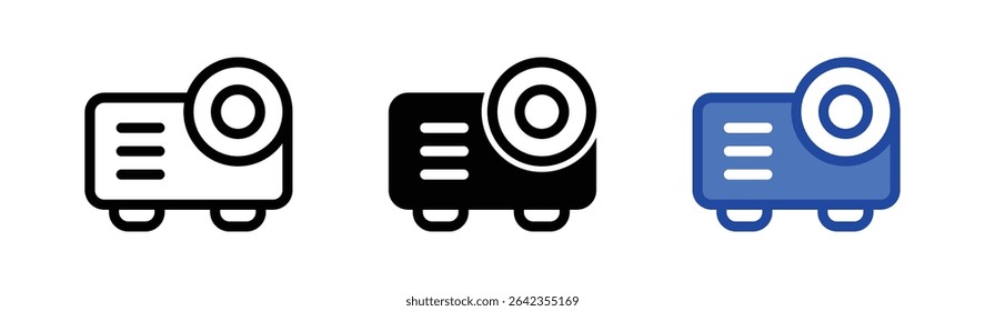 Projector icons in outline, solid black, and blue fill styles, isolated on white background, representing multimedia presentation equipment, office tools, and visual display technology.