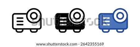 Projector icons in outline, solid black, and blue fill styles, isolated on white background, representing multimedia presentation equipment, office tools, and visual display technology.