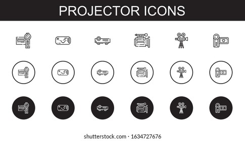 projector icons set. Collection of projector with camcorder, ar glasses, video camera. Editable and scalable projector icons.