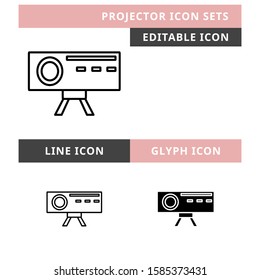 Projector icons set vector design, modern editable line and  glyph icon, black colour and isolated for icon presentation, website and banner

