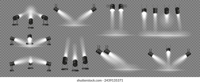 Projector illuminating scene to place, isolated spotlights with direction on spot. Vector isolated realistic lights for movies or theaters, product presentations or displays for advertisement