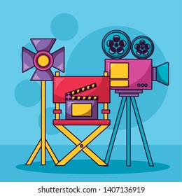 projector light chair clapboard cinema movie vector illustration