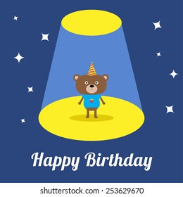 Projector light in the circus show Cute cartoon black cat with hat. Birthday Card. Flat design Vector illustration