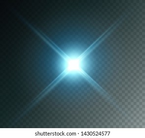 Projector Light Effect. Blue Glowing Stage Light Ray Isolated On Transparent Background. Vector Bright Flare Scene Spotlight. Glow Headlight, Glare, Glint Lense Or Vivid Star Burst Beam.
