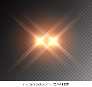 Projector light effect. Yellow glowing stage light ray isolated on transparent background. Vector bright scene spotlight. Vector glow sparkle flare or vivid star burst beam for your creative design.