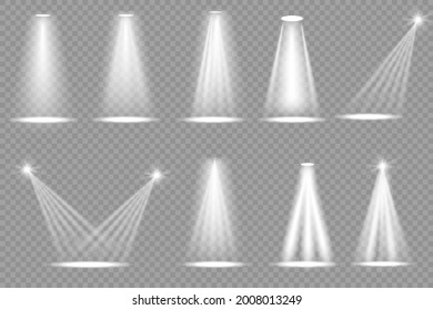 Efectos de luz de proyectores, iluminación blanca brillante con focos, colección de focos de iluminación de escenario, escena, iluminación de escenario de gran colección, luz de puntos aislada sobre fondo transparente, vector.