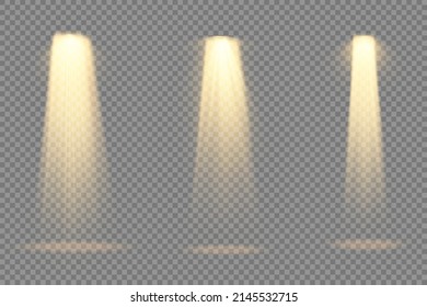 Projector light effects, bright yellow lighting with spotlights, collection of stage lighting spotlight, scene, stage lighting large collection, spot light isolated on transparent background, vector.
