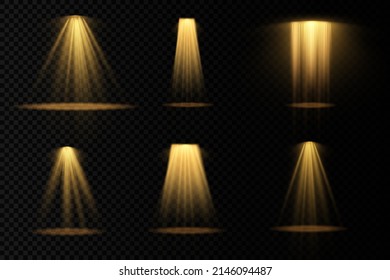 Efectos de luz de proyectores, iluminación amarilla brillante con focos, colección de focos de iluminación de escenario, escena, iluminación de escenario de gran colección, luz de puntos aislada sobre fondo transparente, vector.