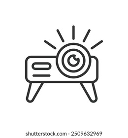 Projector, in line design. Video, Film, Presentation, Digital, Home theater projector, Portable projector on white background vector. Projector editable stroke icon.