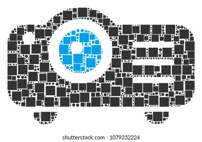 Projector mosaic icon of square shapes and circle particles in various sizes. Vector items are combined into projector collage design concept.
