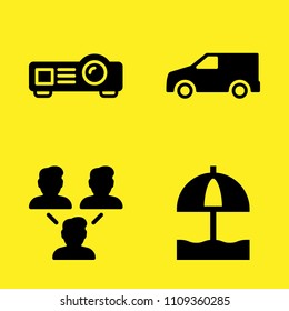 projector, networking, van and sun umbrella vector icon set. Sample icons set for web and graphic design