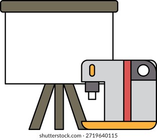 Um projetor está posicionado ao lado de uma cafeteira. O projetor é preto-e-branco