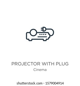Projector with plug icon. Thin linear projector with plug outline icon isolated on white background from cinema collection. Line vector sign, symbol for web and mobile