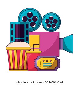 projector pop corn soda ticket cinema movie vector illustration 