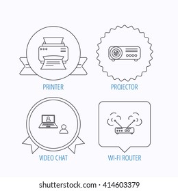 Projector, printer and wi-fi router icons. Video chat linear sign. Award medal, star label and speech bubble designs. Vector