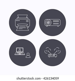 Projector, printer and wi-fi router icons. Video chat linear sign. Flat icons in circle buttons on white background. Vector