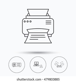 Projector, printer and wi-fi router icons. Video chat linear sign. Linear icons in circle buttons. Flat web symbols. Vector