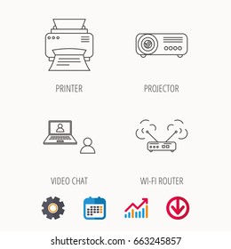 Projector, printer and wi-fi router icons. Video chat linear sign. Calendar, Graph chart and Cogwheel signs. Download colored web icon. Vector